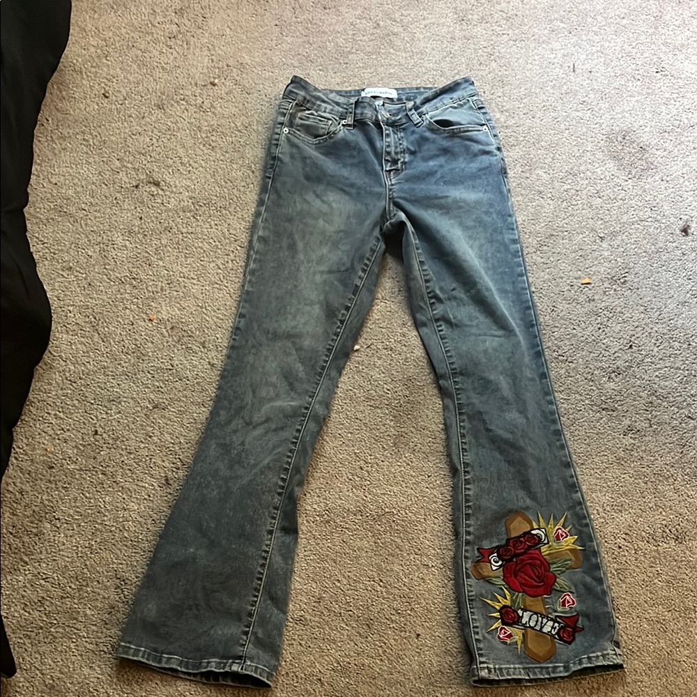 Ashley Mason Blue Flare Jeans with Embroidered Design
